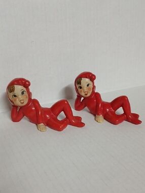 Vintage Christmas Pixie Red Elves ceramic Figurines Japan 1950s Kitsch MCM